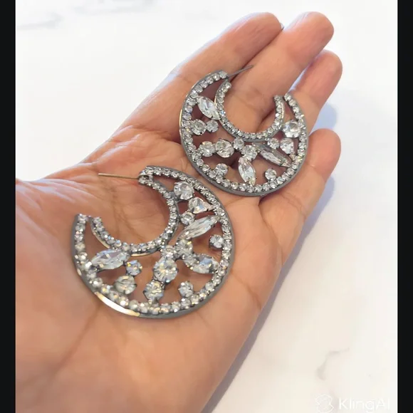 Crystal Crescent Hoop Earrings - Rhinestone Statement - Picture 3 of 3